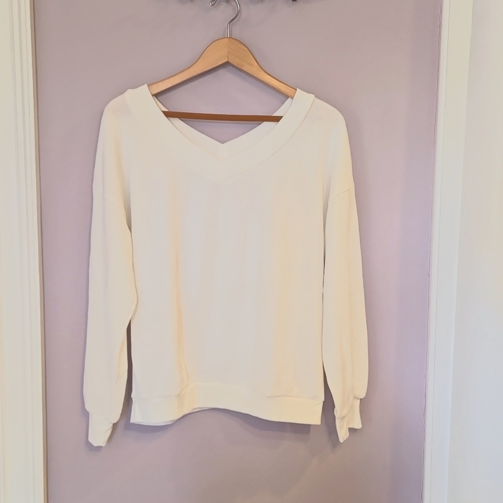 Deep V Neck White Waffleknit Sweater. Size M.